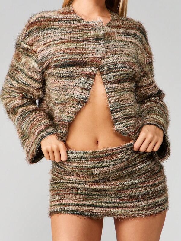 Missguided MISSGUIDED Fuzzy Striped Knit Cardigan With Mini Skirt Set