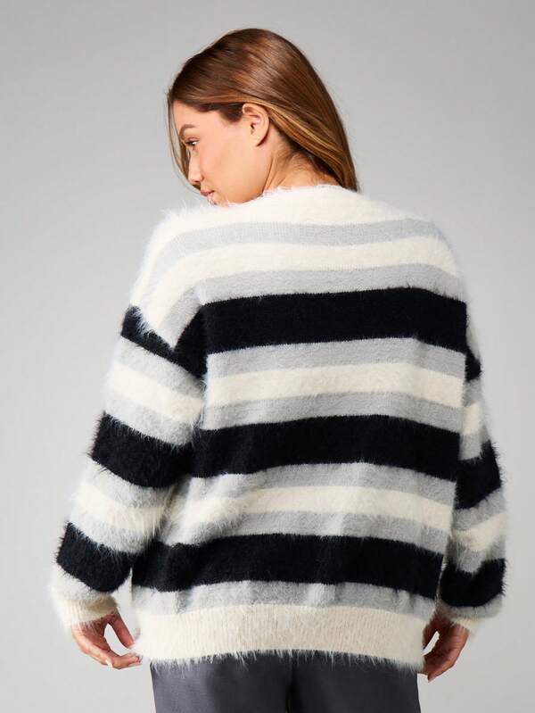 Missguided MISSGUIDED Fuzzy Striped Open Front Cardigan