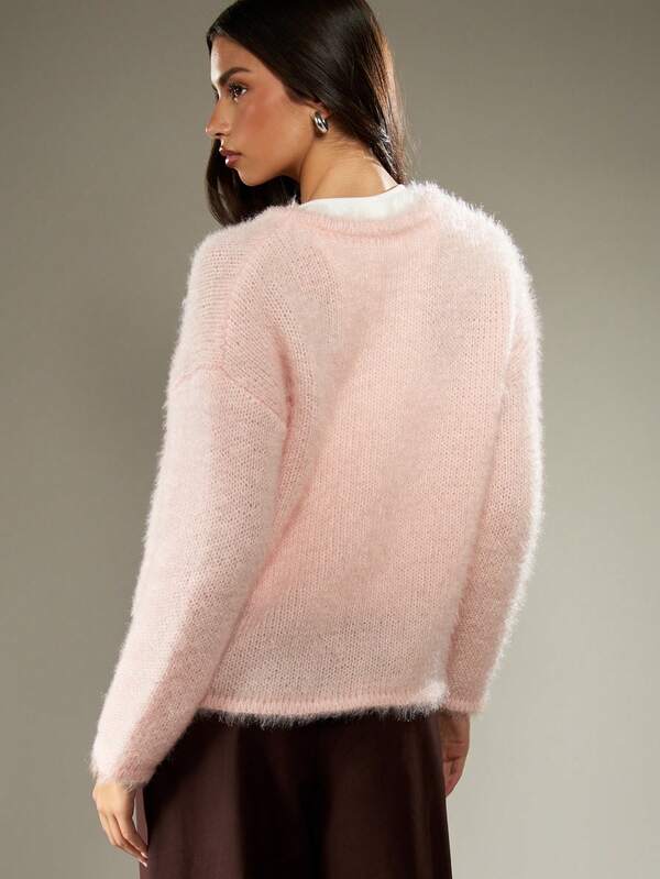 Missguided MISSGUIDED Fuzzy V Neck Button Front Cardigan With Soft Knit Texture