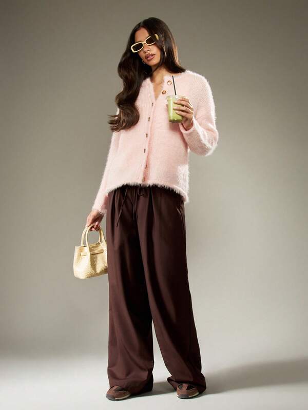 Missguided MISSGUIDED Fuzzy V Neck Button Front Cardigan With Soft Knit Texture