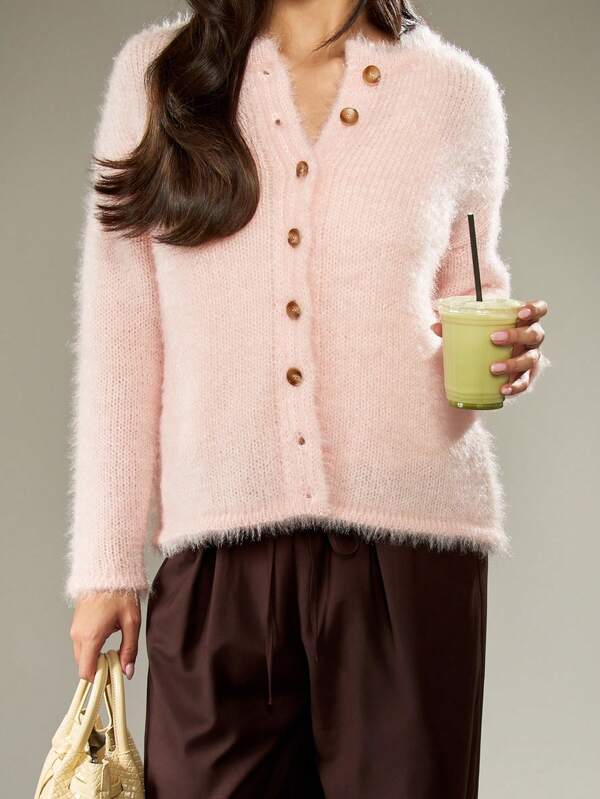 missguided MISSGUIDED Fuzzy V Neck Button Front Cardigan With Soft Knit Texture