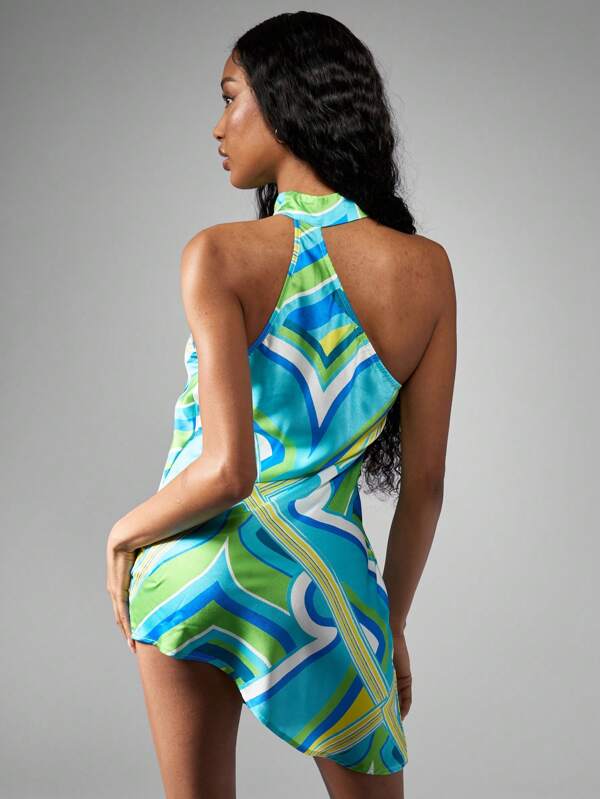 Missguided MISSGUIDED Geometric Print Asymmetric Halter Neck Sleeveless Mini Dress