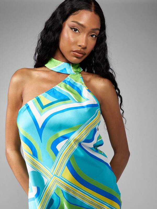 Missguided MISSGUIDED Geometric Print Asymmetric Halter Neck Sleeveless Mini Dress