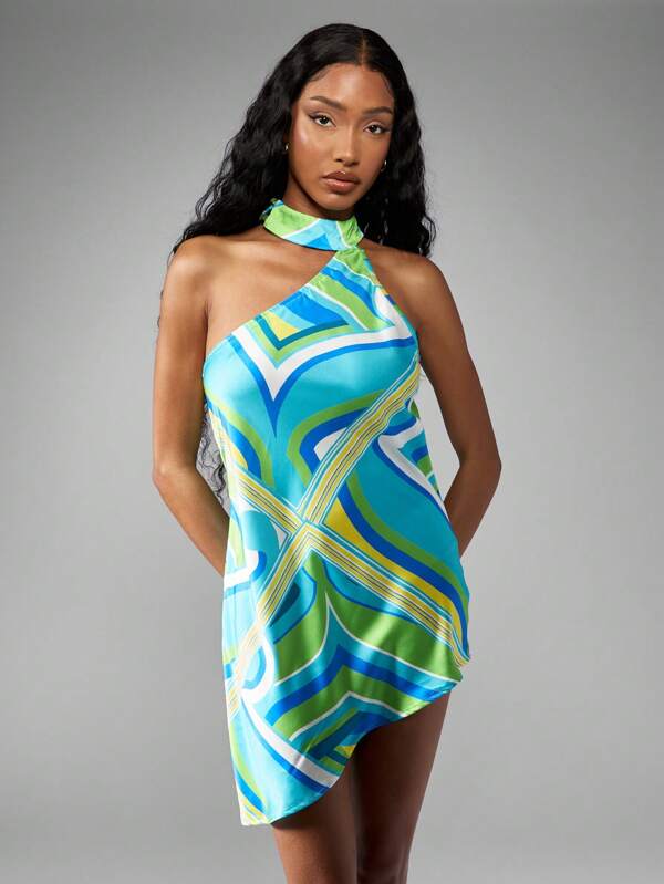 missguided MISSGUIDED Geometric Print Asymmetric Halter Neck Sleeveless Mini Dress