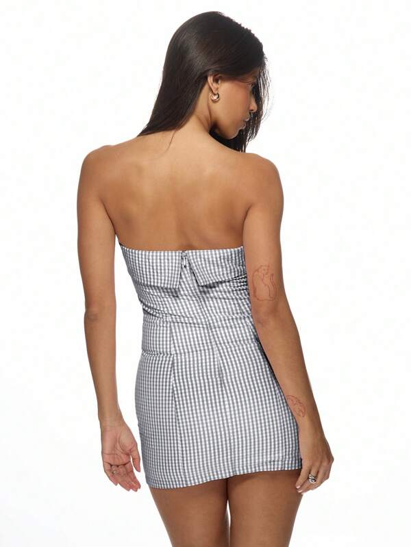 Missguided MISSGUIDED Gingham Bandeau Strapless Ruched Mini Dress