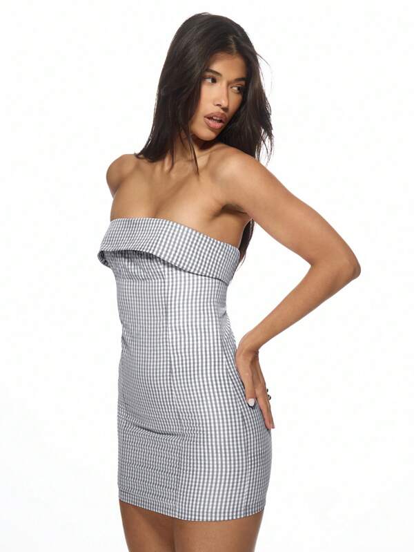 missguided MISSGUIDED Gingham Bandeau Strapless Ruched Mini Dress