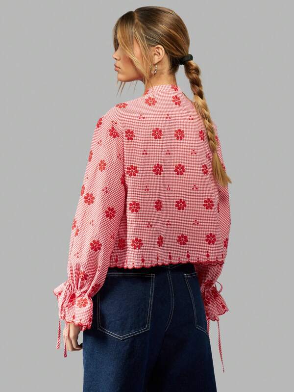 Missguided MISSGUIDED Gingham Blouse With Floral Print Puff Sleeves