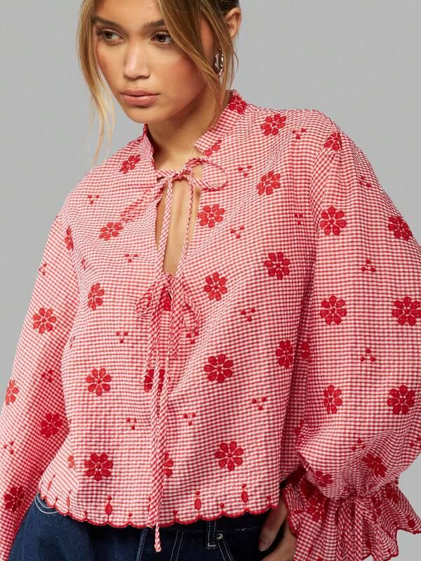 Missguided MISSGUIDED Gingham Blouse With Floral Print Puff Sleeves