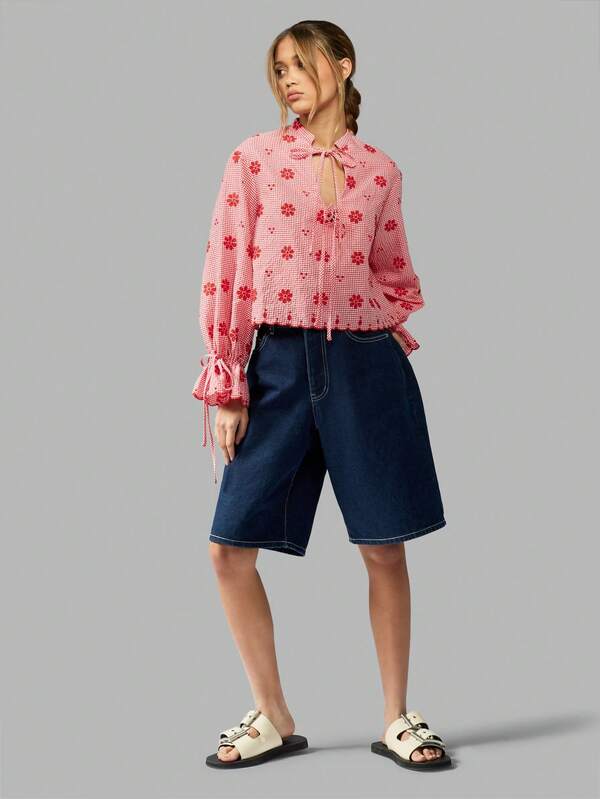 Missguided MISSGUIDED Gingham Blouse With Floral Print Puff Sleeves