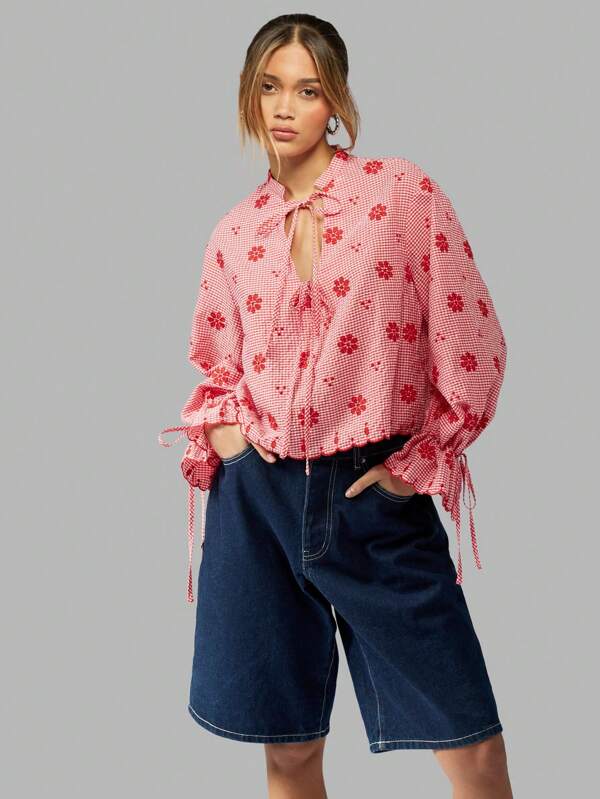 missguided MISSGUIDED Gingham Blouse With Floral Print Puff Sleeves