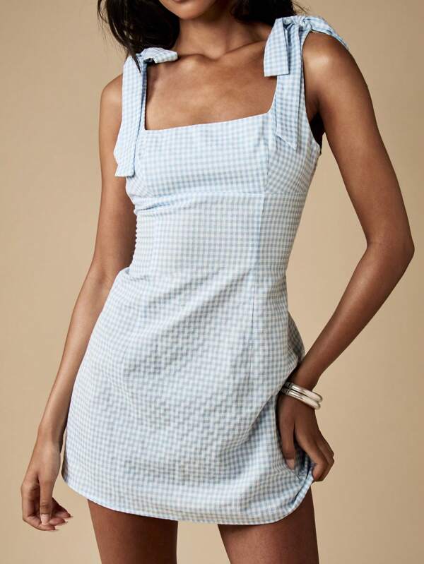 missguided MISSGUIDED Gingham Bow Shoulder Square Neck Mini Dress