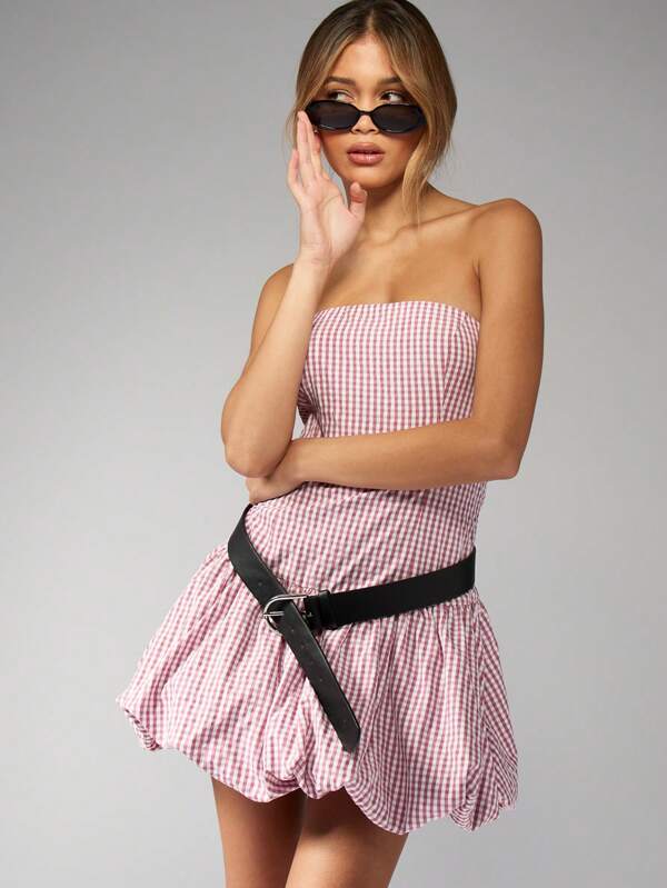 missguided MISSGUIDED Gingham Bubble Hem Ruched Mini Dress