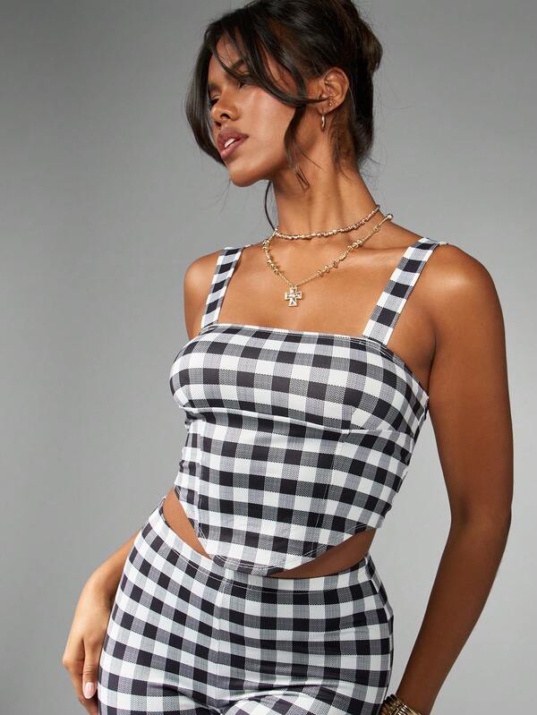 Missguided MISSGUIDED Gingham Check Sleeveless Crop Top High Waist Capri Pants Two Piece Set