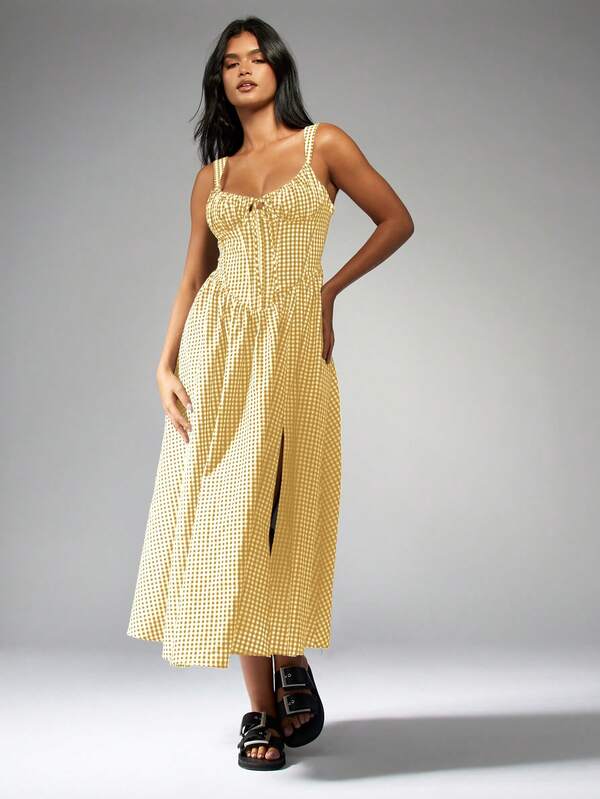Missguided MISSGUIDED Gingham Corset Midi Dress With Slit