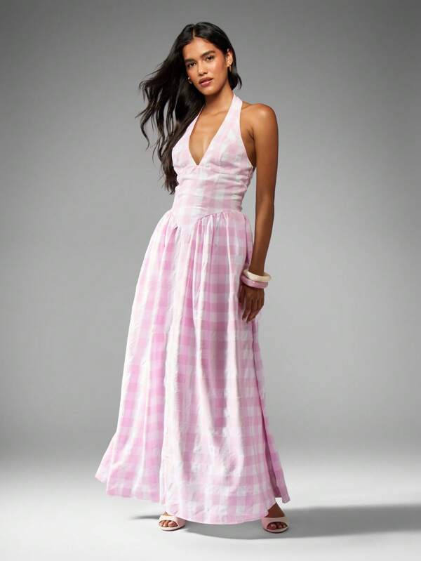 missguided MISSGUIDED Gingham Halter Midi Dress With Plunge Neckline And Gathered Waist