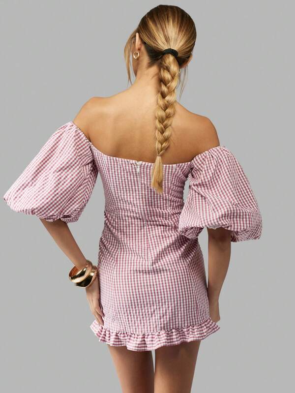 Missguided MISSGUIDED Gingham Mini Dress With Off Shoulder Balloon Sleeve Ruffle Hem