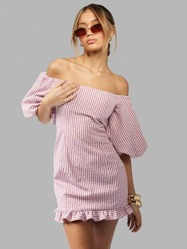 Missguided MISSGUIDED Gingham Mini Dress With Off Shoulder Balloon Sleeve Ruffle Hem