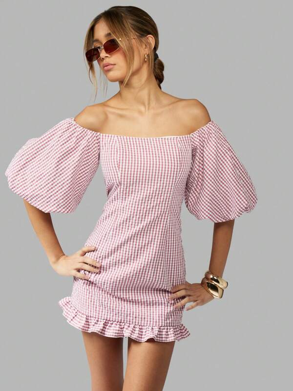 missguided MISSGUIDED Gingham Mini Dress With Off Shoulder Balloon Sleeve Ruffle Hem