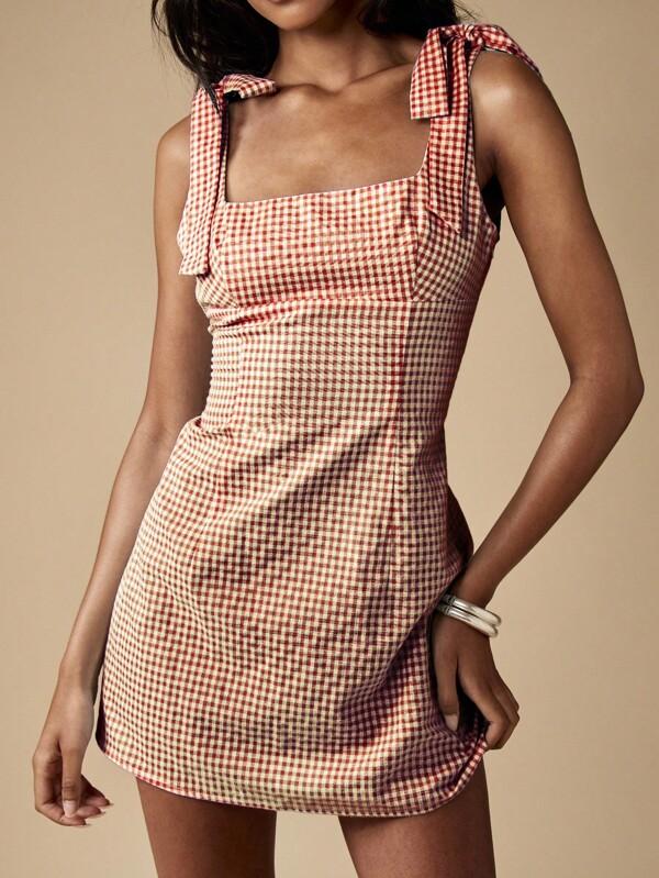 missguided MISSGUIDED Gingham Mini Dress With Shoulder Bow Ties