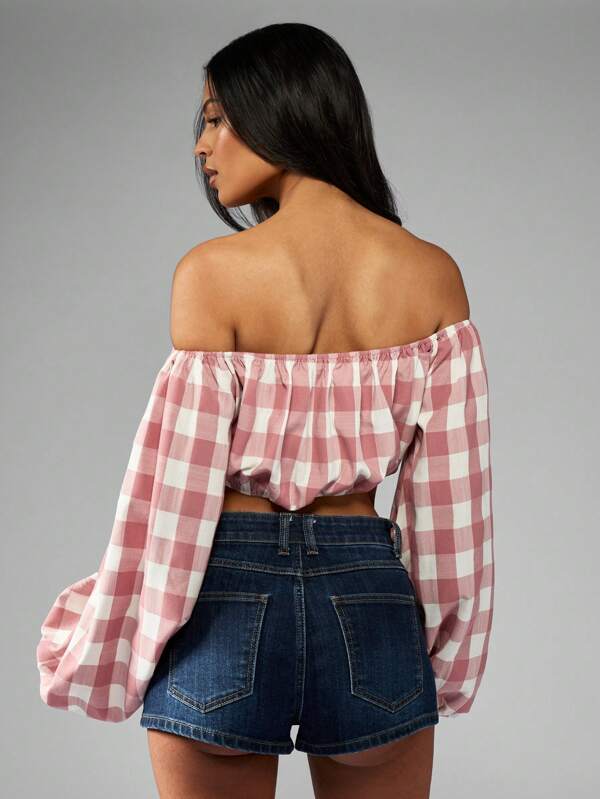 Missguided MISSGUIDED Gingham Off Shoulder Puff Sleeve Cropped Blouse