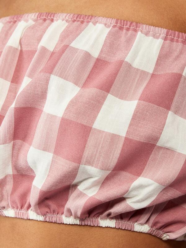 Missguided MISSGUIDED Gingham Off Shoulder Puff Sleeve Cropped Blouse