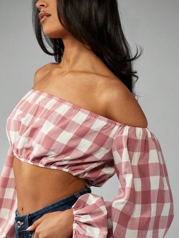 Missguided MISSGUIDED Gingham Off Shoulder Puff Sleeve Cropped Blouse