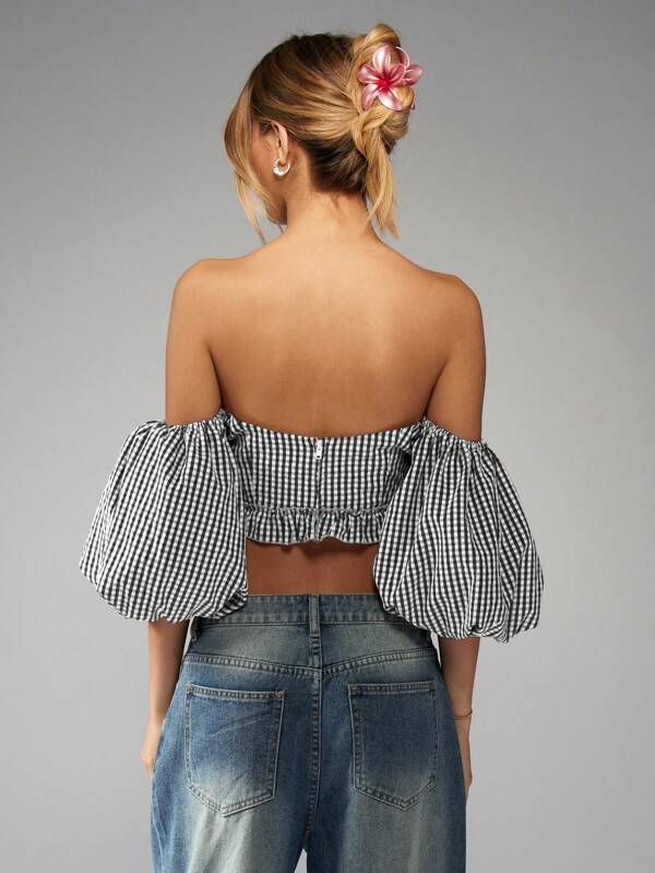 Missguided MISSGUIDED Gingham Puff Sleeve Off Shoulder Crop Top Ruffle Hem