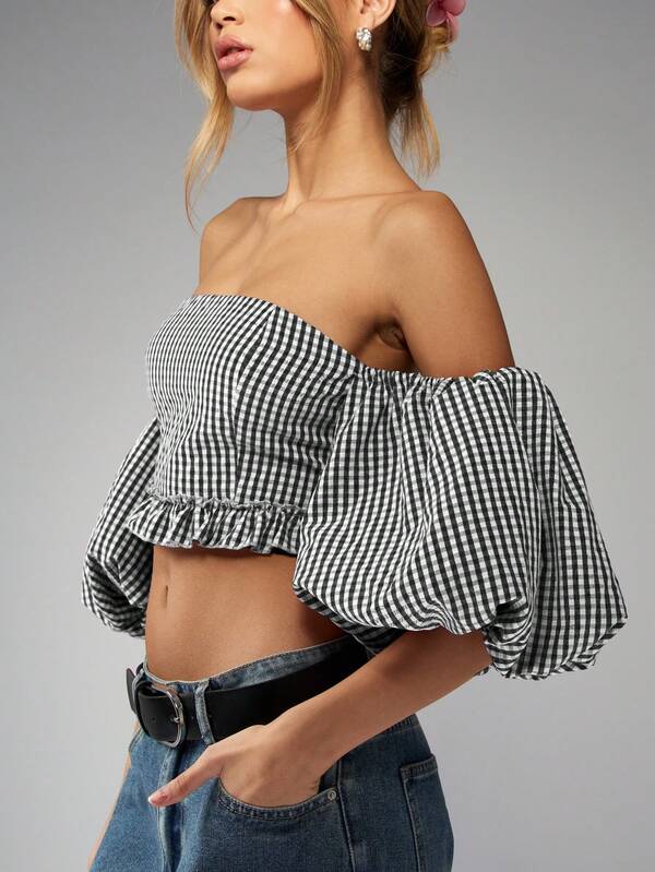 Missguided MISSGUIDED Gingham Puff Sleeve Off Shoulder Crop Top Ruffle Hem