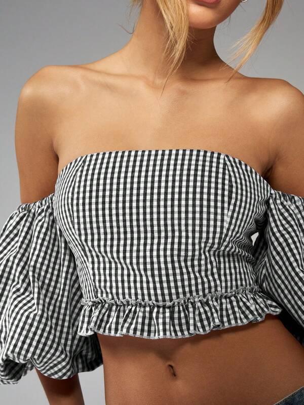 Missguided MISSGUIDED Gingham Puff Sleeve Off Shoulder Crop Top Ruffle Hem