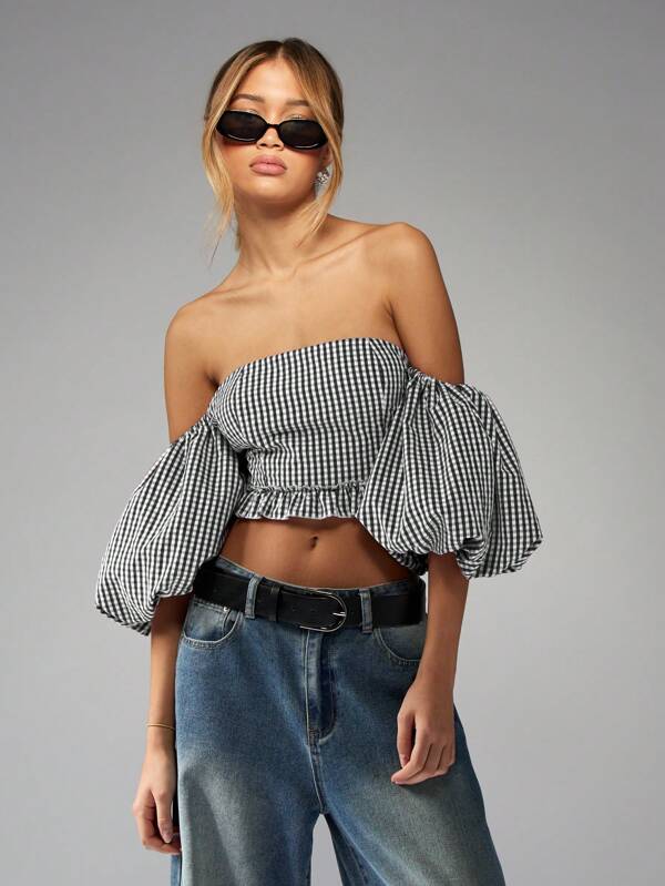missguided MISSGUIDED Gingham Puff Sleeve Off Shoulder Crop Top Ruffle Hem
