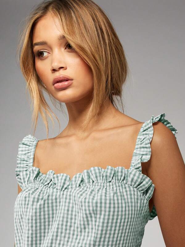 Missguided MISSGUIDED Gingham Ruffle Strap Square Neck Cottage Core Mini Dress