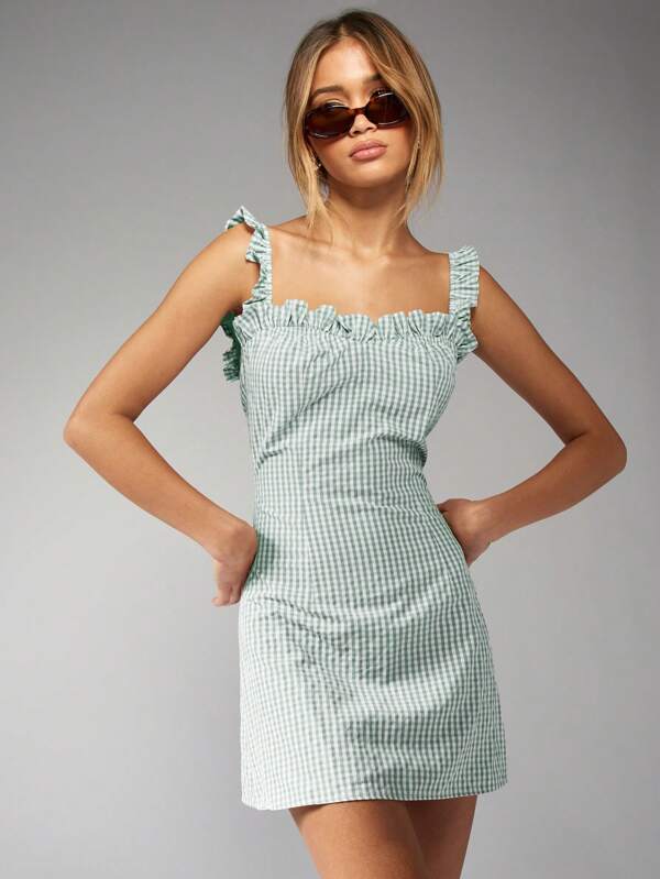 missguided MISSGUIDED Gingham Ruffle Strap Square Neck Cottage Core Mini Dress