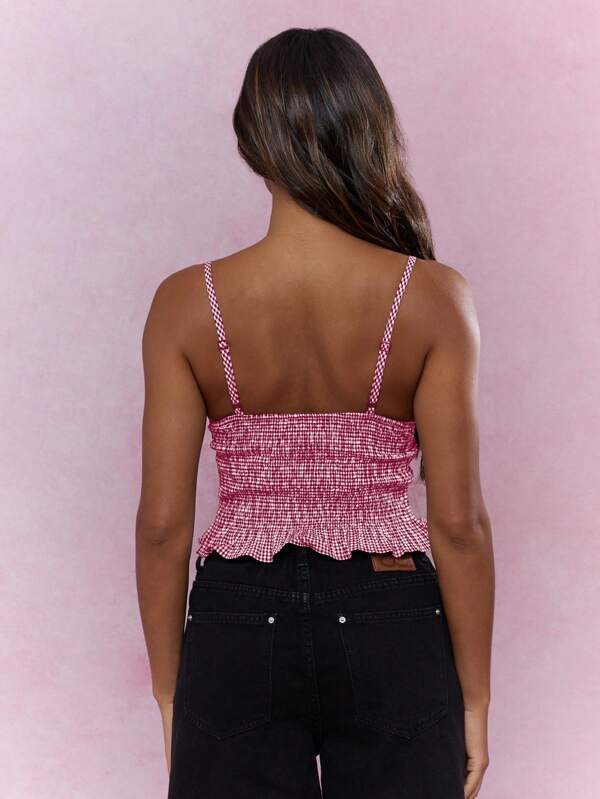 Missguided MISSGUIDED Gingham Shirred Cami Top Sleeveless Crop Tank Ruffle Hem Smocked Waist