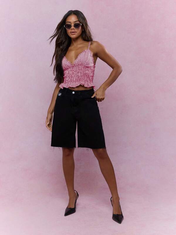 Missguided MISSGUIDED Gingham Shirred Cami Top Sleeveless Crop Tank Ruffle Hem Smocked Waist