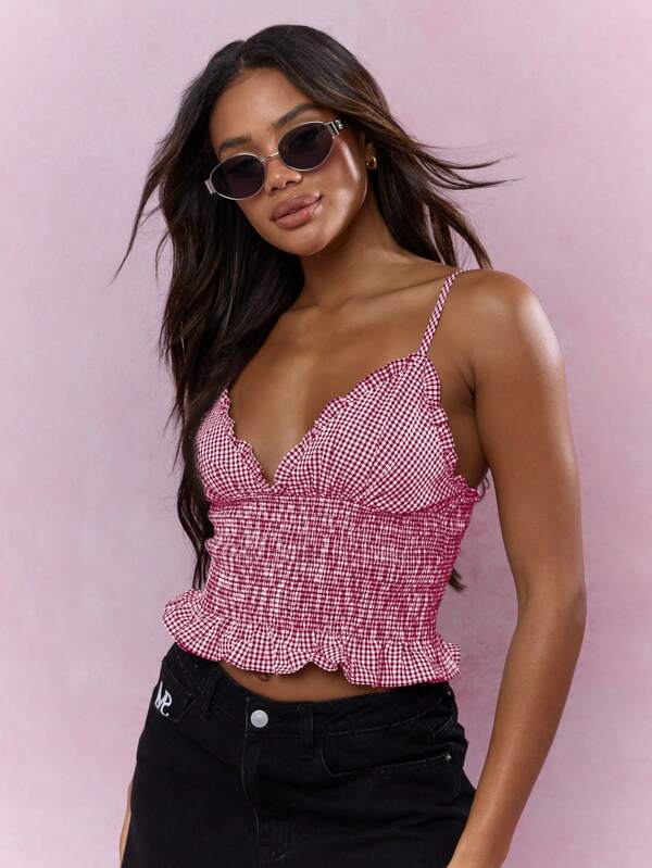 missguided MISSGUIDED Gingham Shirred Cami Top Sleeveless Crop Tank Ruffle Hem Smocked Waist