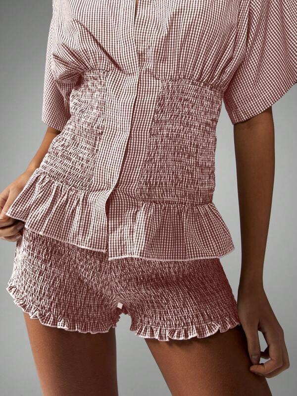 Missguided MISSGUIDED Gingham Shirred Two Piece Smocked Waist Ruffle Set