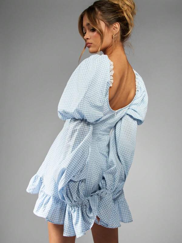 Missguided MISSGUIDED Gingham Skater Mini Dress With Puff Sleeves