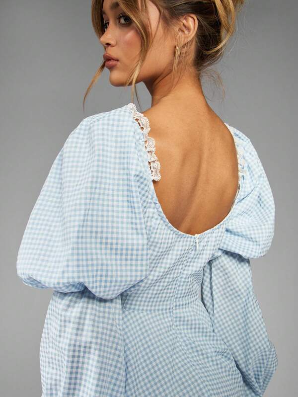 Missguided MISSGUIDED Gingham Skater Mini Dress With Puff Sleeves
