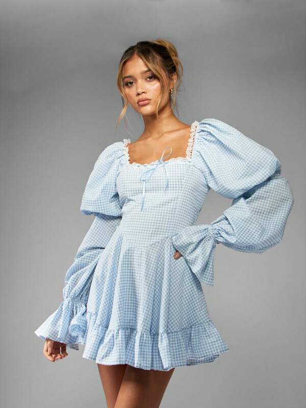 missguided MISSGUIDED Gingham Skater Mini Dress With Puff Sleeves