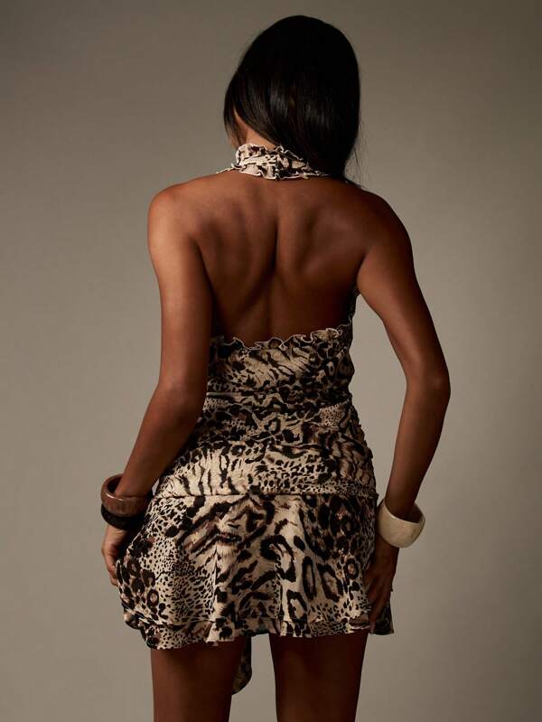 Missguided MISSGUIDED Glamorous Halter Neck Animal Print Ruched Side Detail Mini Dress