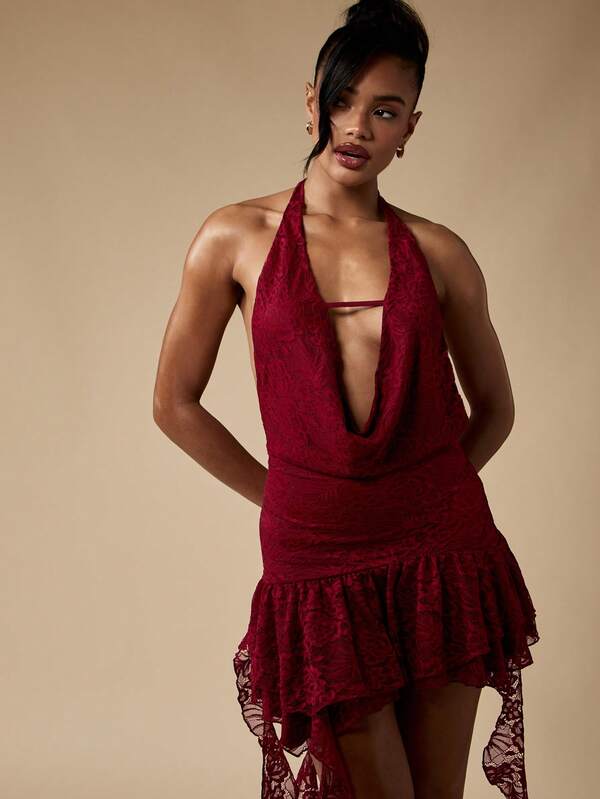 Missguided MISSGUIDED Glamorous Halter Neck Lace Mini Dress With Ruffle