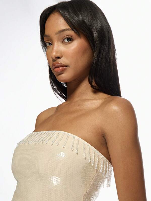 Missguided MISSGUIDED Glamorous Sequin Bandeau Mini Dress Crystal Fringe Trim