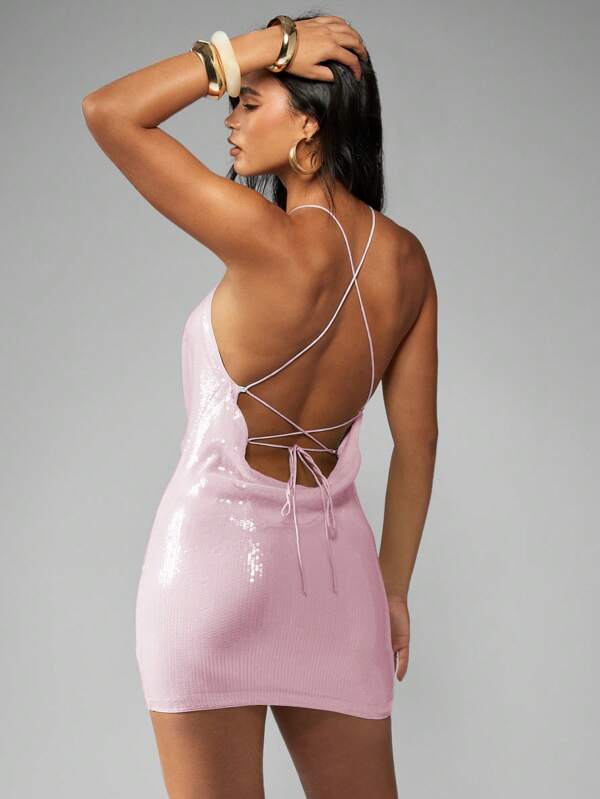 Missguided MISSGUIDED Glamorous Sequin Halter Backless Statement Mini Dress