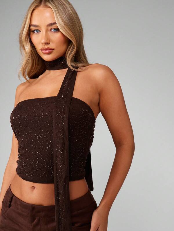 Missguided MISSGUIDED Glitter Bandeau Top With Matching Wrap Scarf
