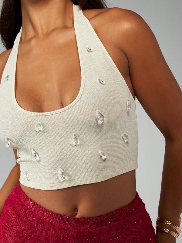 Missguided MISSGUIDED Glitter Knit Crystal Embellished Halter Crop Top