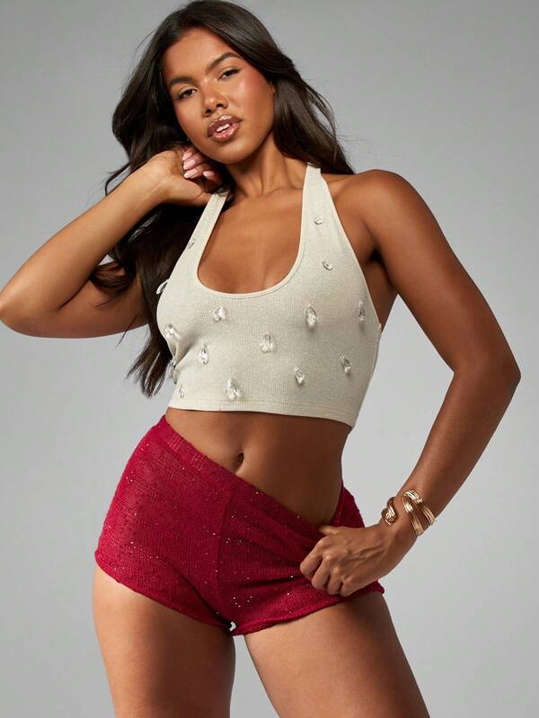 missguided MISSGUIDED Glitter Knit Crystal Embellished Halter Crop Top