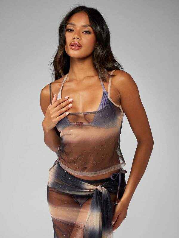 Missguided MISSGUIDED Glitter Mesh Sheer Overlay Metallic Shimmer Layering Sparkle Cami Top