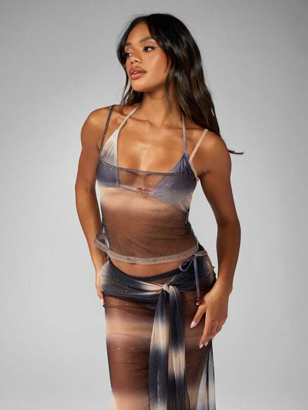 missguided MISSGUIDED Glitter Mesh Sheer Overlay Metallic Shimmer Layering Sparkle Cami Top