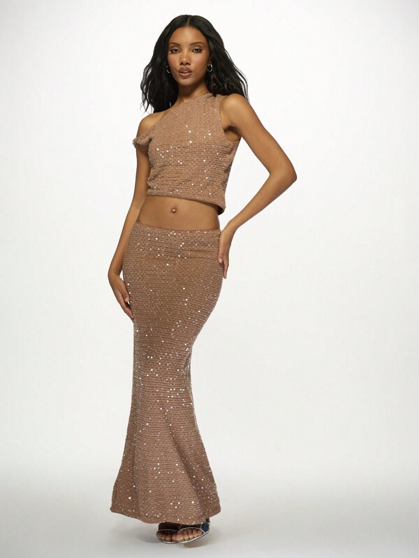 missguided MISSGUIDED Glitter Sequined Textured Sleeveless Two-Piece Outfit Crop Top Maxi Skirt