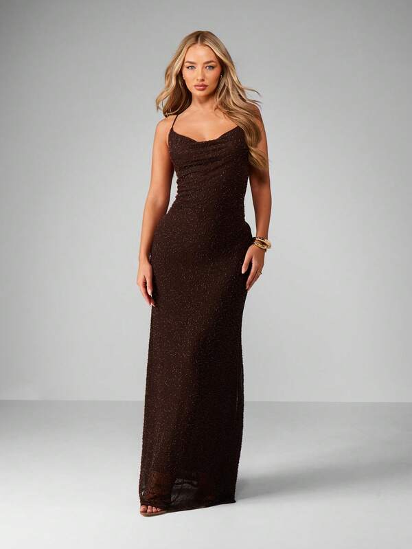 missguided MISSGUIDED Glittering Cowl Neck Maxi Gown With Spaghetti Straps